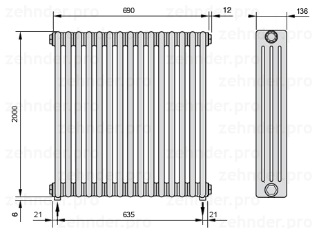 Схема (чертеж) Радиатор Zehnder Charleston 4200/15 №3570 Белый глянцевый RAL 9016